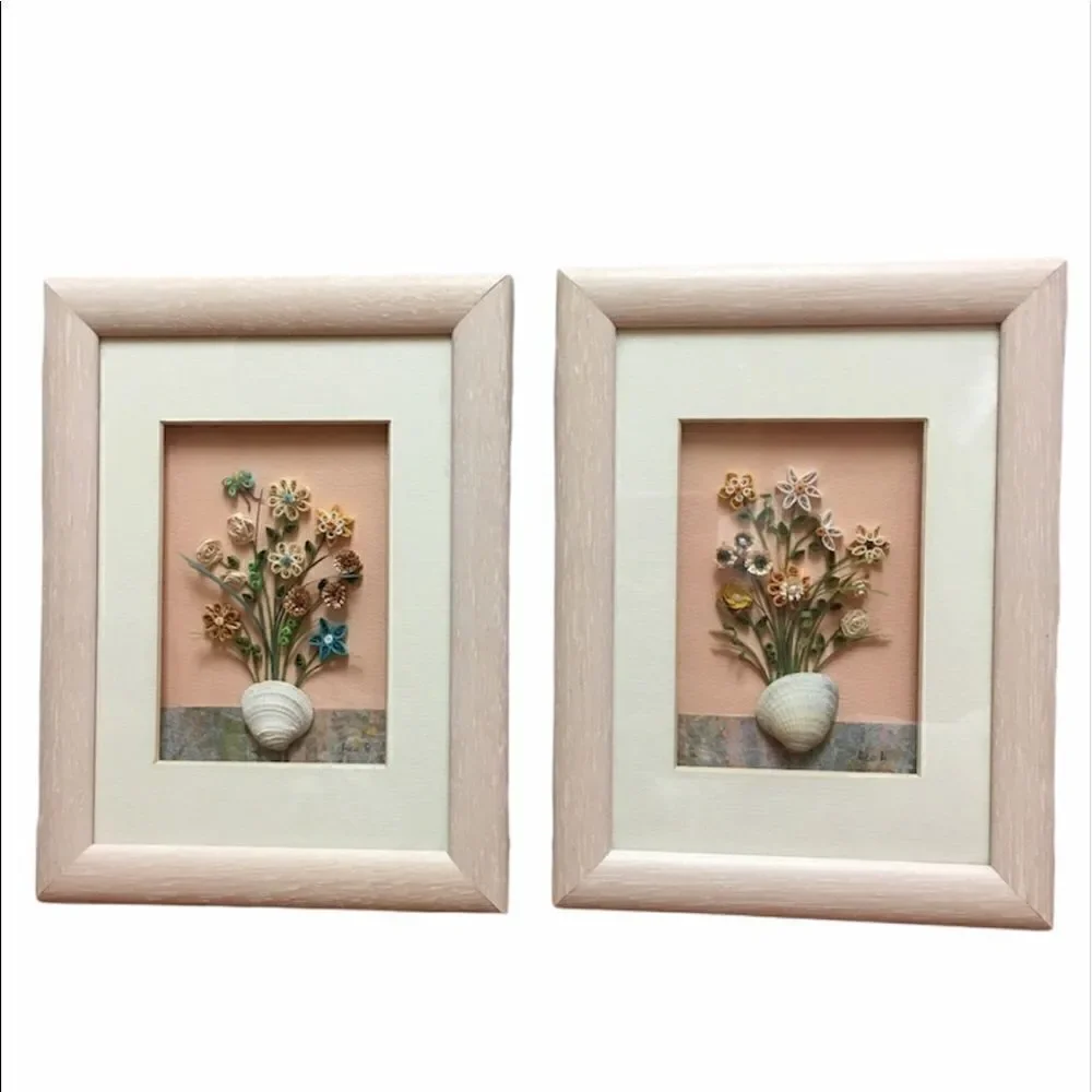 Quill Art Set Artist Signed Floral Shell Motif in Shadow Box - Picture 3 of 16